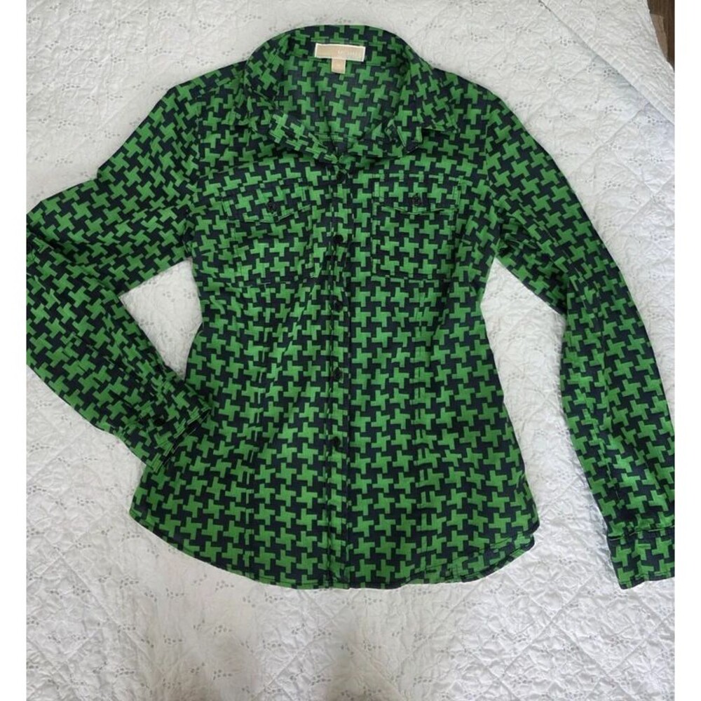 MICHAEL Michael Kors Green Black Pattern Roll-Up Sleeve Top | Size M